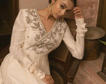 Anarkali usa/anarkali kurta with dupatta/cream white full sleeve dress/hand embroidery anarkali/cream anarkali dresses/anarkali with dupatta