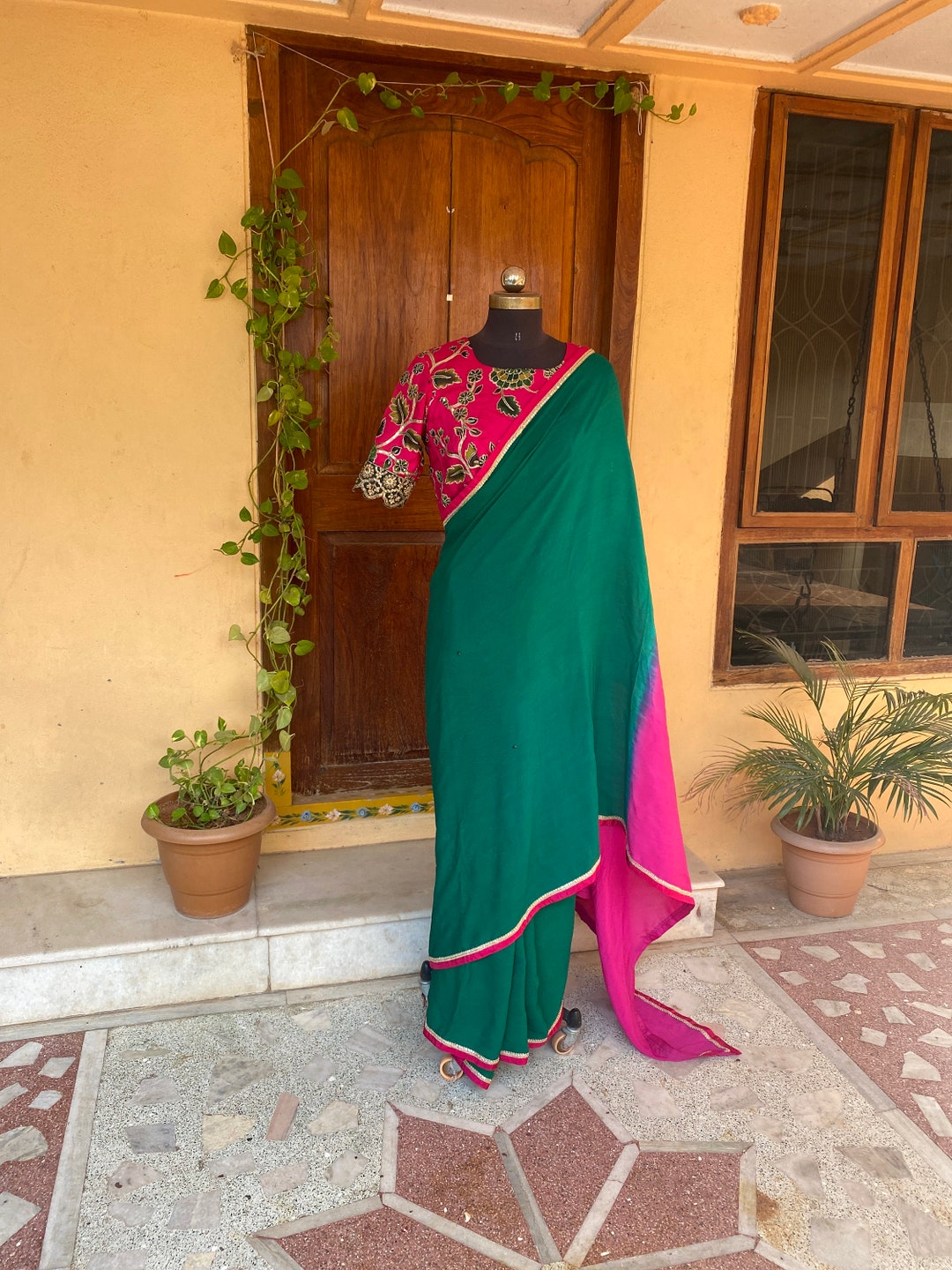 Pink - Kalamkari Print Hand Embroidery Cotton Blouse Piece 19