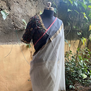Pure handloom Maheshwari silk cotton saree/ sari with ikkat hand embroidered blouse / handloom saree with designer blouse /checks saree usa