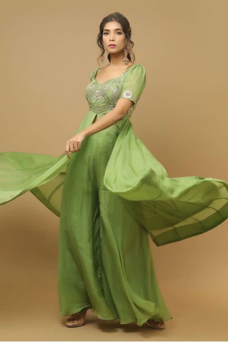 green emerald velvet dress Mehndi Green Color Thread Sequence Work Gown – subhvastra