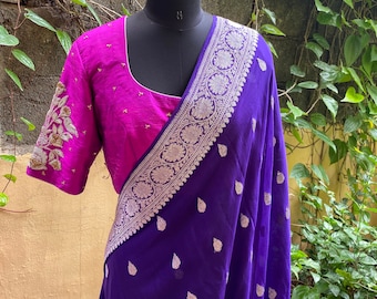 Pure banarasi chiffon silk sari |  banarasi silk saree |  sari with hand work blouse set  | silk sari blouse |sarees USA | purple silk saree