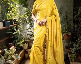 Yellow Crepe Silk Saree: Hand Embroidered Blouse, Haldi Outfit,Orange saree,haldi saree,soft yellow saree with blouse,yellow crepe saree