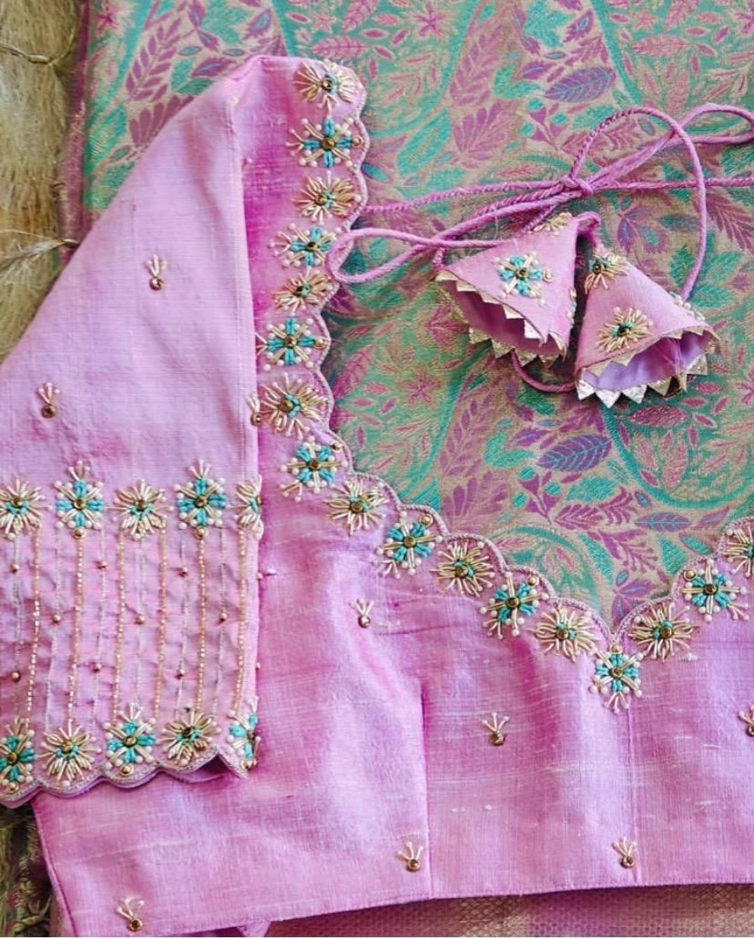 Baby Pink Hand Embroidered Raw Silk Blouse Piece