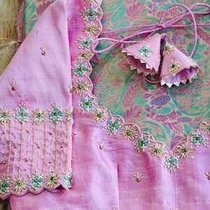 pure silk hand embroidery blouse/light pink maggam blouse/pink hand embroidered blouse/pink ready made blouse zardosi/pink maggam blouse usa