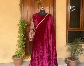 Hand Embroidered Velvet Saree with Stitched Blouse