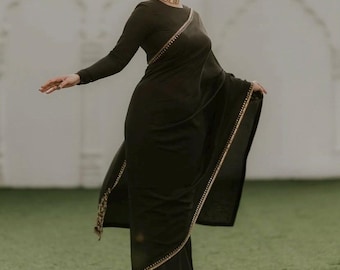 Pure silk cocktailsaree/black sari with hand embroidery/satin silk saree with designer blouse /black saree,party saree,full sleeve blouse us