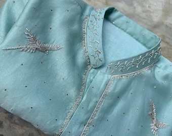 reine Seide blau Herren Kurta / Herren Kurta Set / blaue Herren Kurta / Spiegel gestickte Kurta / indische Herren tragen / handgestickte Kurta / Bräutigam Hochzeit aus