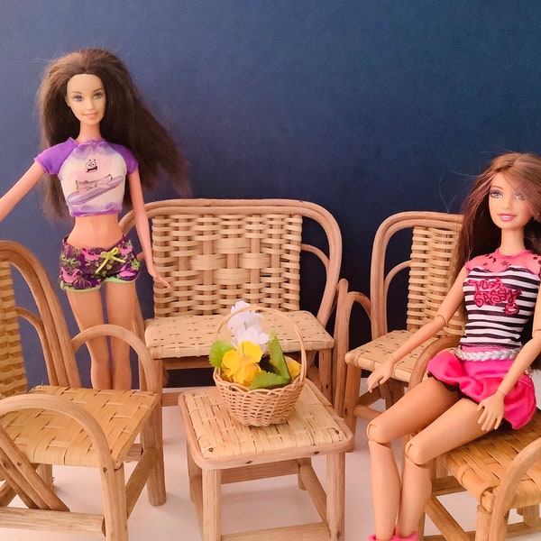 6 Pcs Wicker Furniture Set, Miniature Chairs and Table, Dollhouse Furniture, Miniature Patio furniture, Dolls Wicker Furniture