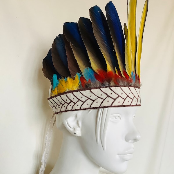 Molted Parrots Macaws Feathers Headdress Exotic Feather Headwear Costumes Indigenous Native Ceremonial Wear Taino Cocar Cacique