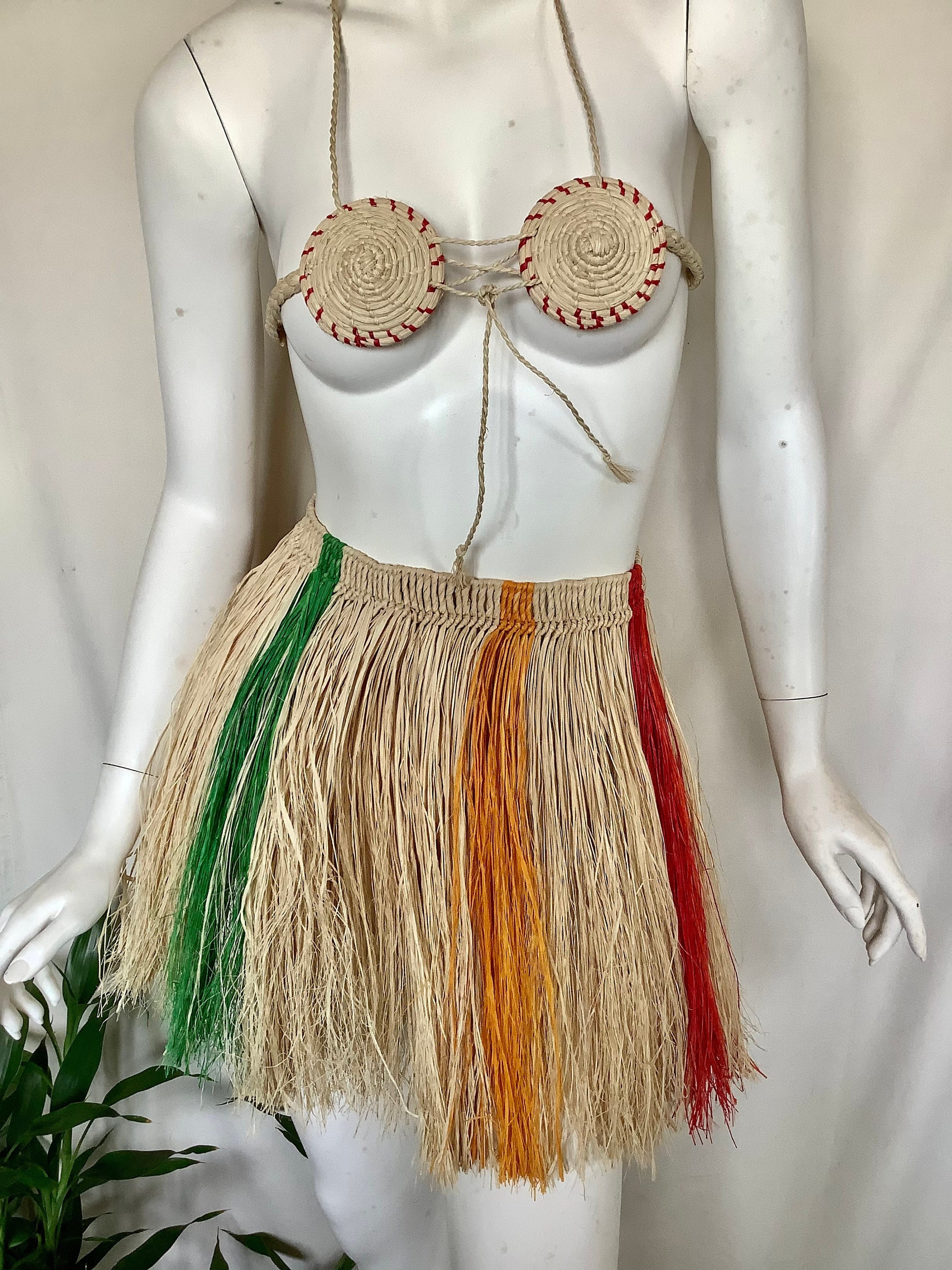 Luau Party Hula Girl Genuine Raffia Grass Hula Skirt, Natural, Large 36IN  Waist
