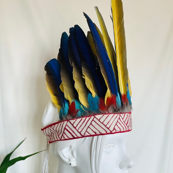 Molted Parrots Macaws Feathers Headdress Exotic Feather Headwear Costumes Indigenous Native Ceremonial Wear Taino Cocar Cacique