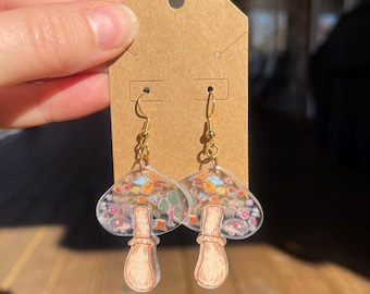 Plastic Animal Mushroom Dangle Earrings - Cottage Core Whimsical Jewelry
