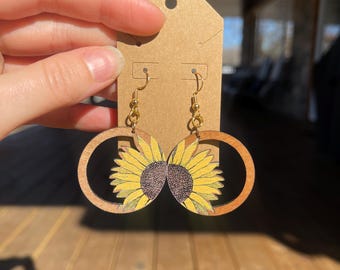 Wooden Sunflower Earrings Nature Inspired Floral Dangle Earrings