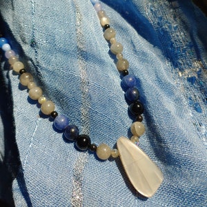 Grey Moonstone necklace with Glass, Grey Agate, Labradorite, Onyx, Quartzite and Sodalite