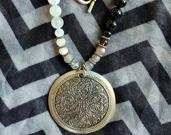 Silver Mandala Necklace with Agate, Labradorite, Moonstone, Onyx and Quartz