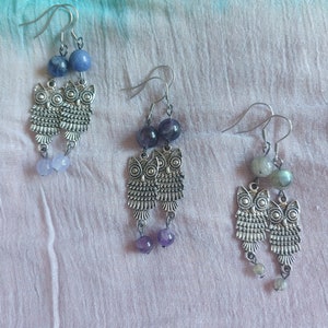 Owl Charm Earrings on Stainless Steel Ear Wires with Amethyst, Sodalite or Labradorite