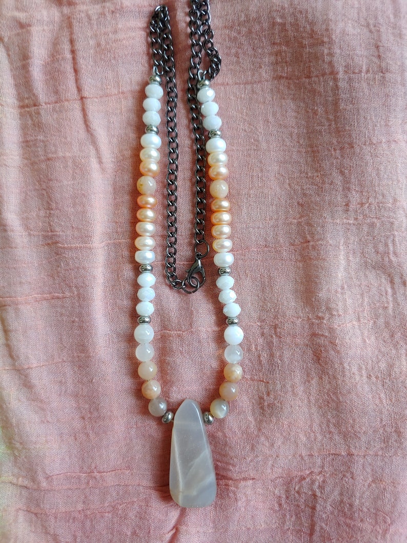 Peach Moonstone Teardrop Necklace with Czech Glass Sunstone and Pearls Moonstone