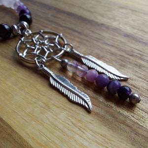Silver Dreamcatcher Necklace with Feather and Fluorite Dangles