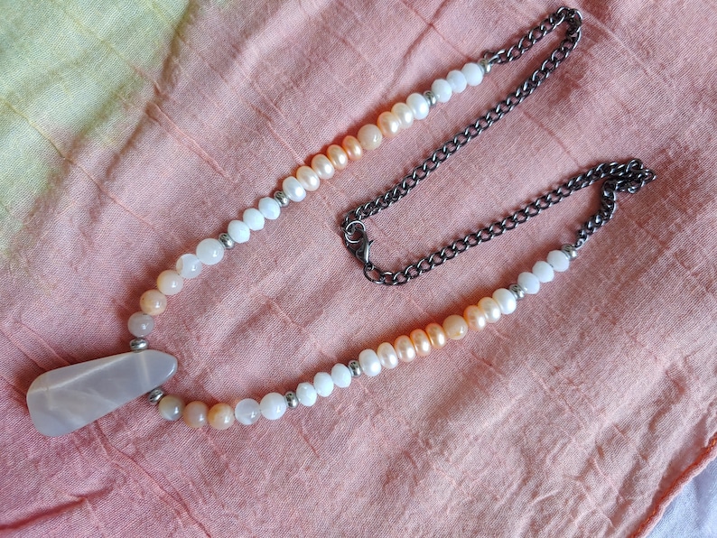 Peach Moonstone Teardrop Necklace with Czech Glass Sunstone and Pearls Moonstone