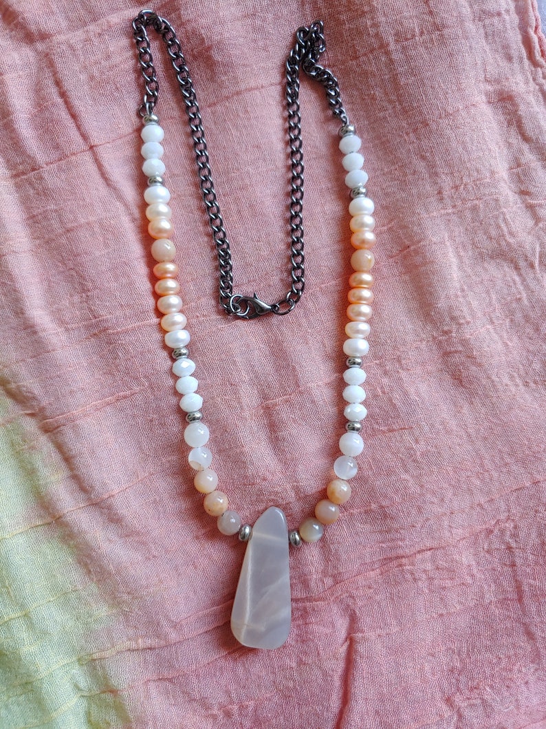 Peach Moonstone Teardrop Necklace with Czech Glass Sunstone and Pearls Moonstone