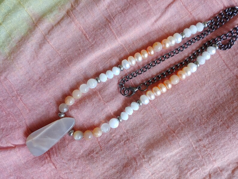 Peach Moonstone Teardrop Necklace with Czech Glass Sunstone and Pearls Moonstone