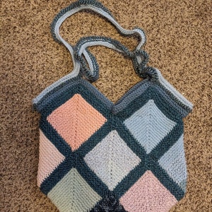 Multicolor diamond hand knitted tote bag, blue, teal, pink, and purple