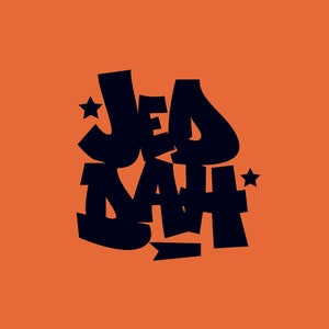 May include: Black and white graphic design with the text "Jed Dah" in a stylized font. Two small stars are on either side of the text.