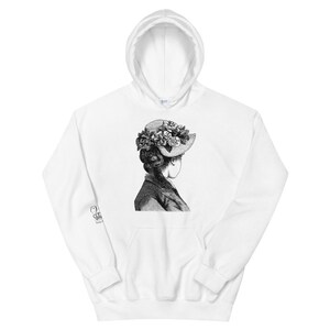 Vicky & Eddie Vintage Antique Design Unisex Hoodie- Turned Victorian Lady with Floral Straw Bonnet 1880s