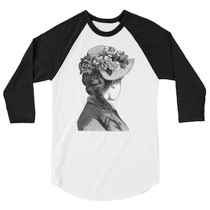 Vicky & Eddie Vintage Antique Design Unisex 3/4 Sleeve Raglan Shirt- Turned Victorian Lady with Floral Straw Bonnet 1880s