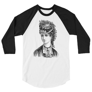 May include: A black and white illustration of a woman wearing a large, elaborate hat with flowers and ribbons. She is wearing a high-collared blouse and a necklace with a pendant.