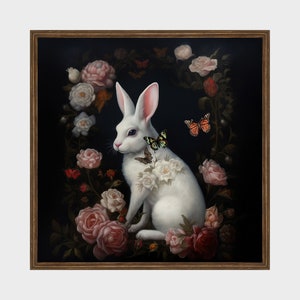White Rabbit with Flowers Print | Rabbit Printable Wall Art | Cottagecore | Digital Download | Dark Academia