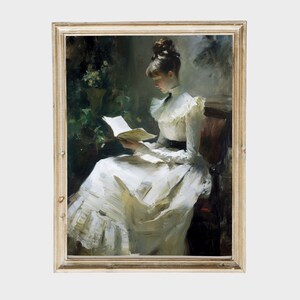 Antique Portrait Woman Reading, Vintage Print Bedroom Wall Decor Digital Printable Art