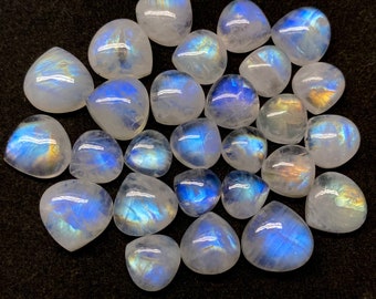 Rainbow Moonstone Heart, Top Quality, 166 Cts, 28 Pcs Lot, Natural Rainbow Moonstone Cabochon, Heart Shape, 10 MM to 14 MM, Loose Gemstone
