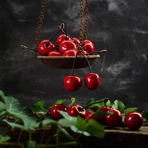 Ceramic cherries (2 pieces) in life-size shine red decorative cherries handmade cherries anniversary gift for her