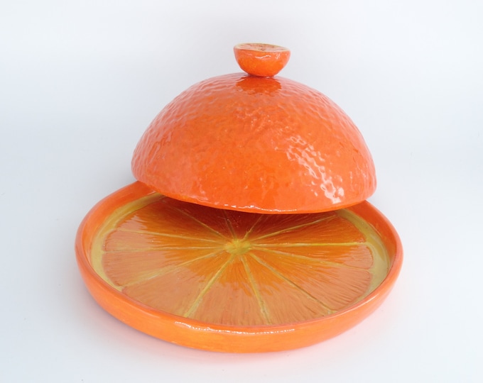 Handmade Pottery Butter Dish – Orange Slice Design, Lidded Tableware