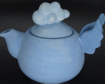 Sky Blue Teapot Ceramic with sky blue wings and bubble cap for use special and unique