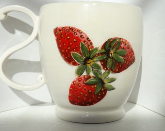 Tea mug  Strawberries mug Handmade mug Handpaint Letter Shaped handle