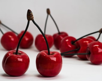 Ceramic Cherries Handmade Realistic (1 pair) Life Size, Red Decorative, Gift