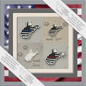 May include: Four digital cut files of the state of West Virginia. The top left file is a West Virginia outline with a thin blue line across the middle. The top right file is a West Virginia outline with a red, white, and blue American flag pattern. The bottom left file is a plain West Virginia outline. The bottom right file is a West Virginia outline with a thin red line across the middle. Each file has the word "home" written inside the state outline. The files are surrounded by a gray frame with a white background. The text "MOOSE MAKERS Design studio" is in the top right corner of the frame. The text "SVG, PDF, DXF DIGITAL DOWNLOAD ONLY NO PHYSICAL PRODUCT GLOWFORGE TESTED" is in the top right corner of the frame.