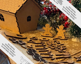 Può includere: Un kit di casetta di pan di zenzero in legno con un uomo di pan di zenzero e una donna di pan di zenzero, un fiocco di neve, bastoncini di zucchero e altre decorazioni a tema natalizio. Il kit è solo per il download digitale ed è stato testato su Glowforge. Il testo "SVG DIGITAL DOWNLOAD ONLY NO PHYSICAL PRODUCT GLOWFORGE TESTED" è sull'immagine.