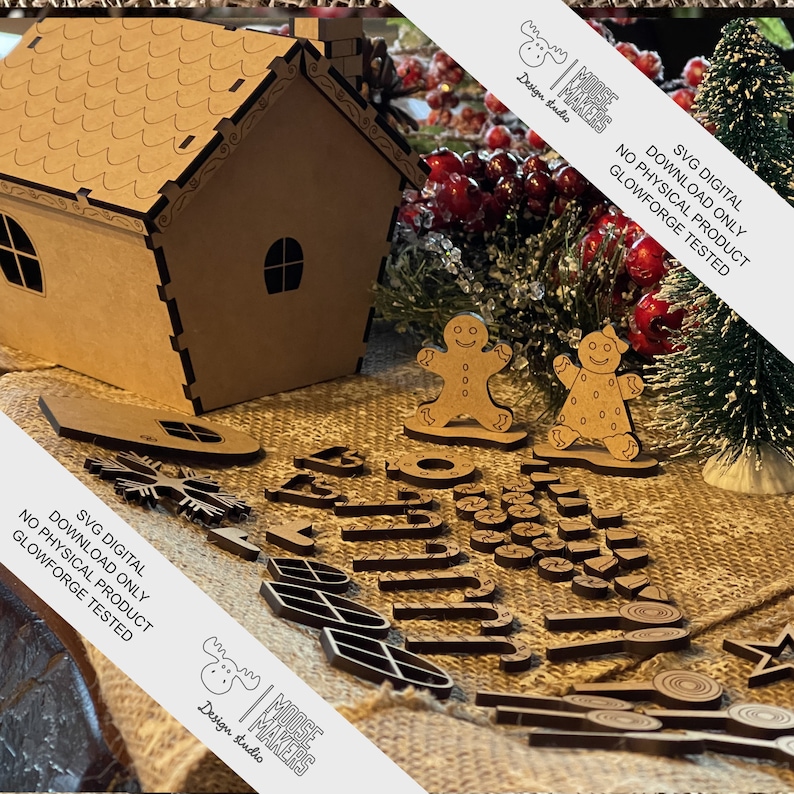 May include: A wooden gingerbread house kit with a gingerbread man and woman, a snowflake, candy canes, and other Christmas-themed decorations. The kit is for digital download only and is Glowforge tested. The text "SVG DIGITAL DOWNLOAD ONLY NO PHYSICAL PRODUCT GLOWFORGE TESTED" is on the image.