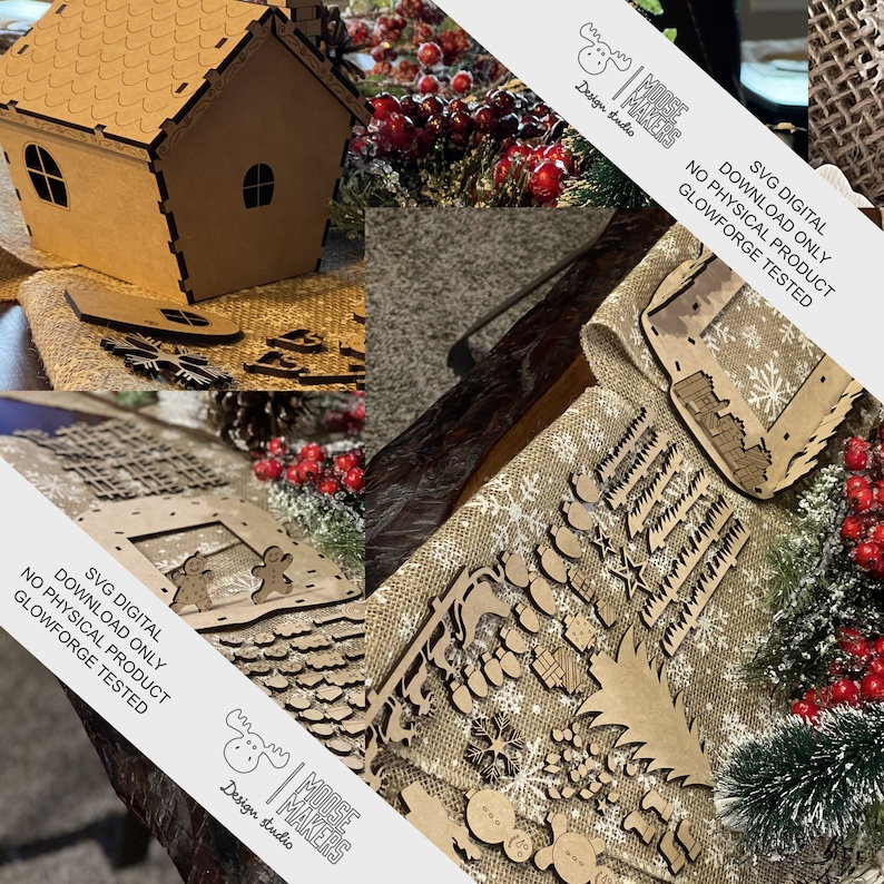 Pu&ograve; includere: Un download digitale di un design da tagliare al laser per un villaggio di Natale. Il design include una casetta di pan di zenzero, alberi e altri elementi festivi. Il design &egrave; testato per Glowforge.