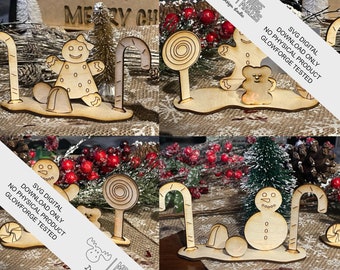 Può includere: Quattro file di taglio SVG digitali per un progetto di artigianato natalizio. I design includono un omino di pan di zenzero, un pupazzo di neve, una canna di zucchero e un lecca-lecca. I design sono perfetti per creare decorazioni festive o regali personalizzati.