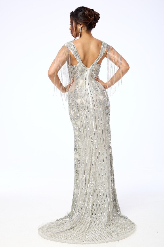 Arien - Silver Jewelled Sequin Maxi Dress