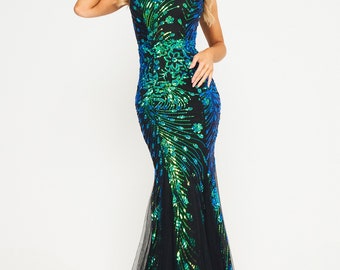 Green Floral Mesh Sequin Maxi Dress