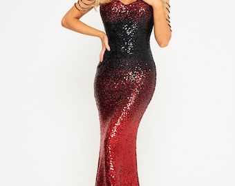 Two-Tone Red-Black Jewelled Sleeve Sequin Maxi Dress
