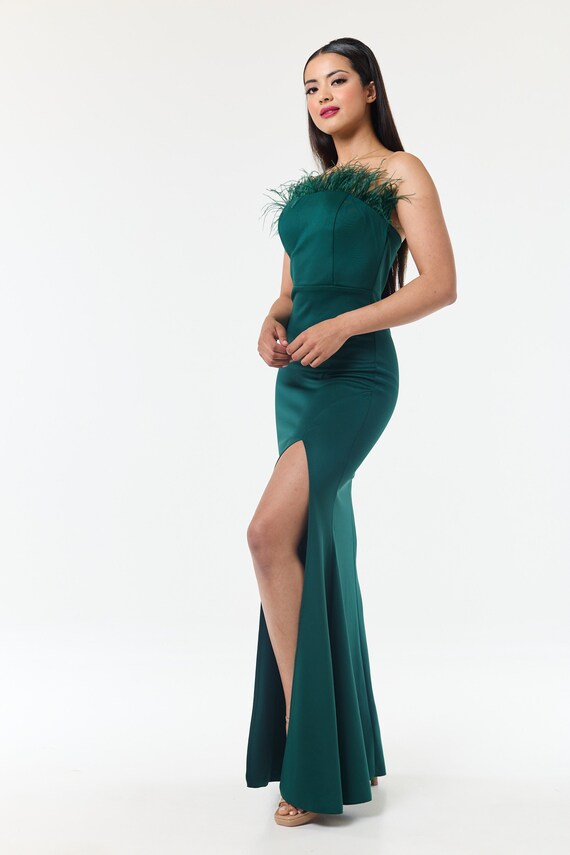 green emerald velvet dress Capria Olive Green Bandeau Wrap Maxi Dress – Club L London main image 1