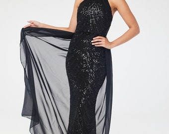 Black sequin dress with detachable skirt discount