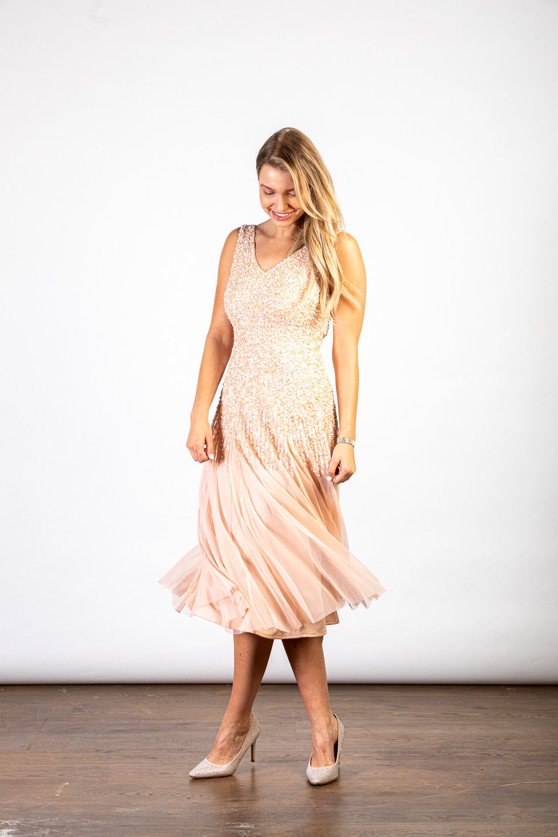 peach sequin gown