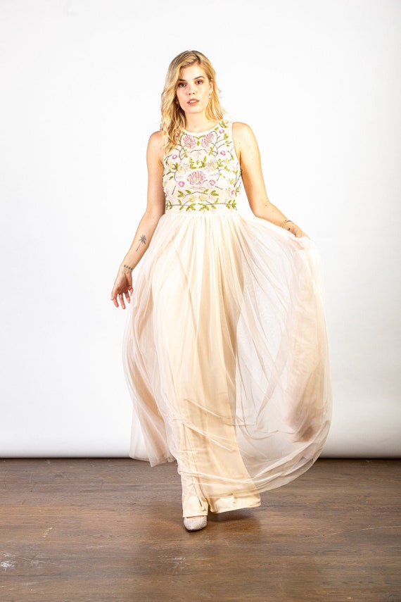 LuvForever Handmade Embellished Detail Cream Maxi Dress